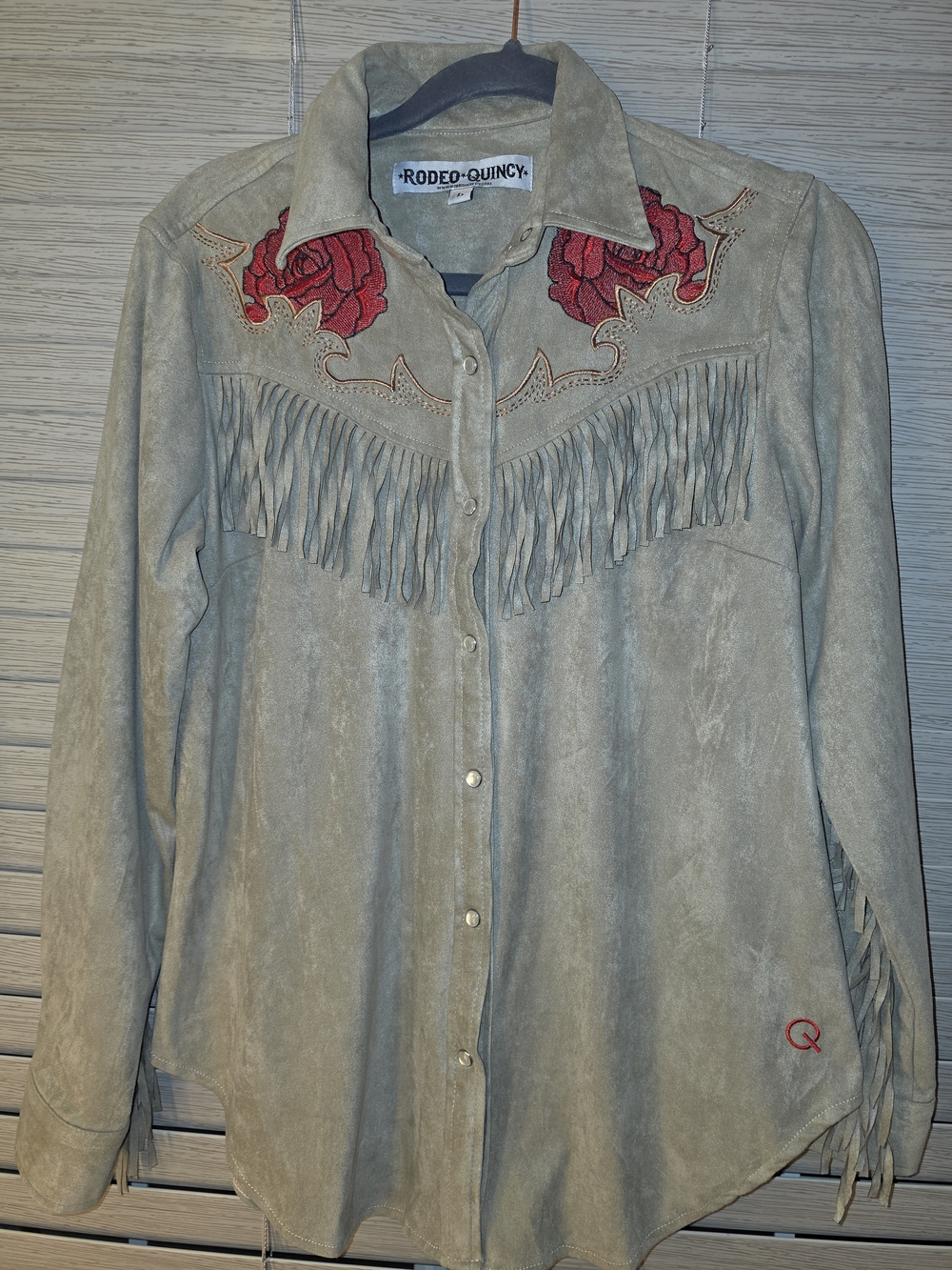 Rodeo Quincy Beige Fringe Button-Down Shirt with Red Rose Embroidery